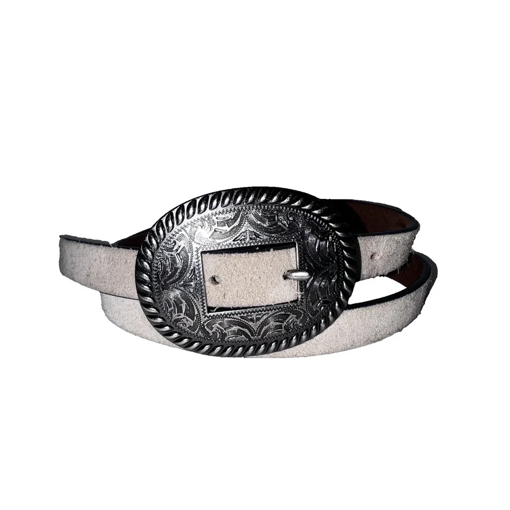 Lucky Brand Womens Suede Western Belt Beige Silver Engraved Buckle Sz M Medium‎